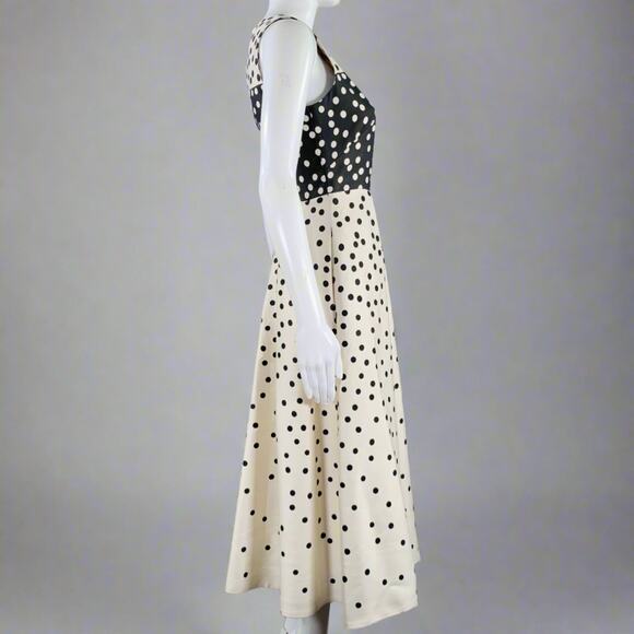L.K.BENNETT Size 2 Beige Black Wool Silk Polka Dot A-Line Dress - Picture 2 of 7